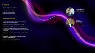 Joseph
Gonzalves
Director of Business
and IT Risk Consulting
Ardberry Technology
Solutions
• Current and future state profiles
• Multi-level cyber assessments
• Historical maturity analysis
• Cyber strategy and roadmap
• High value information assets
• Bespoke benchmarking reports
Value Proposition
• Identification of key business risks related to the maturity of
specific cybersecurity domains areas;
• Alignment of cybersecurity strategy with a focus on the
organization’s strategic priorities and business objectives;
• Facilitation of a dialogue between the cybersecurity team and
business leaders to articulate the benefits of cybersecurity program
investments;
• Development of pragmatic recommendations to further improve
their cybersecurity programs;
• Development of future state vision and strategic roadmap in
support of business objectives;
• Improved safeguarding of critical client data.
Vikrant Mathur
Consulting Partner
Ardberry Technology
 