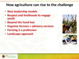 How agriculture can rise to the challenge
• New leadership models
• Respect and livelihoods to engage
  youth
• Beyond the...
