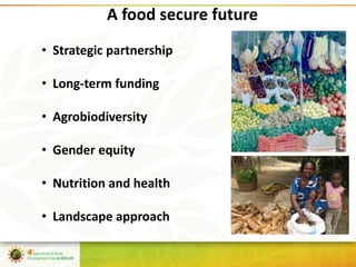 A food secure future
• Strategic partnership

• Long-term funding

• Agrobiodiversity

• Gender equity

• Nutrition and he...