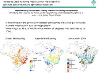 Increasing Cattle Ranching Productivity as main option to
conciliate conservation and agricultural expansion

             Improved Use of Existing Lands: Meeting Demands and Sparing Nature in Brazil
      Strassburg, BBN; Latawiec, AE; Barioni, LG; Assad, E; Valentin, J; Porfirio dos Santos, V; Nobre, C.
                                  under review, Nature Climate Change



  •First estimate of the potential to increase productivity of Brazilian pasturelands;
  •Current Productivity = 32% carrying capacity
  •Increasing it to 49-51% would suffice to meet all projected land demands up to
  2040;

 Current Productivity                   Potential Productivity                       Alocation in 2040
 