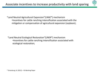 Associate incentives to increase productivity with land sparing


“Land Neutral Agricultural Expansion”(LNAE*) mechanism
    •Incentives for cattle ranching intensification associated with the
    mitigation or compensation of agricultural expansion (soybean);




 “Land Neutral Ecological Restoration”(LNER*) mechanism
     •Incentives for cattle ranching intensification associated with
     ecological restoration;




* Strassburg, B. (2012) – IIS Working Paper
 