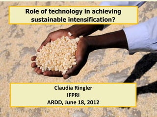 Role of technology in achieving
 sustainable intensification?




 How to Achieve Food Security in a
 World of Growing Scarcity:
 Role of Technology Development
 Strategies
         Claudia Ringler
              IFPRI
       ARDD, June 18, 2012
 