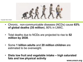 Copyright: Barry Popkin




        • Chronic, non-communicable diseases (NCDs) cause 63%
          of global deaths (35 million), 80% in LIMIC.

        • Total deaths due to NCDs are projected to rise to 52
          million by 2030.

        • Some 1 billion adults and 20 million children are
          estimated to be overweight.

        • Diets low fruit and vegetable intake – high saturated
          fats and low physical activity
                                                         www.unscn.org
 