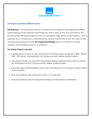 List Projects executed in different sectors:-
PEB Structures: - An increasing number of consumers are now opting for pre-engineered building
systems because of the significant advantage they offer in terms of time and convenience. We
provide turnkey PEB solutions-right from the structural design stage, till the actual installation. Easy to
assemble, low on maintenance, extremely strong, weather-resistant and secure. We cater to every
manufacturing component of the Pre-engineered Buildings sector, be it in terms of roofing,
insulation, structural steel constructs, or ventilation.
List of Major Projects executed:
 Supplied about 10 Lakhs Sq. Feet of Structural for the Ware Houses during the FY 2008 – 2009 &
2009 – 2010 at M/s. Krishnapatnam Port Company Limited, Nellore, Andhra Pradesh.
 Executing Automatic conveyor Pre- Engineered building of approximately 2 Lakhs Sq. Feet at
M/s. Krishnapatnam Port Company Limited, Nellore, Andhra Pradesh.
 Executed Logistics Building 2500 Sq. feet at M/s. Krishnapatnam Port Company Limited, Nellore,
Andhra Pradesh.
 Executing 39,000 Sq. Feet warehouse at KPCL, south side port.
 Executing 33,000 Sq. Feet Pre-Engineered building at Pashamylaram, Hyderabad.
 