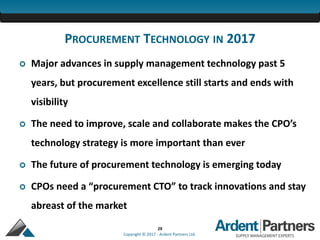 29
Copyright © 2017 - Ardent Partners Ltd.
PROCUREMENT TECHNOLOGY IN 2017
 Major advances in supply management technology past 5
years, but procurement excellence still starts and ends with
visibility
 The need to improve, scale and collaborate makes the CPO’s
technology strategy is more important than ever
 The future of procurement technology is emerging today
 CPOs need a “procurement CTO” to track innovations and stay
abreast of the market
 