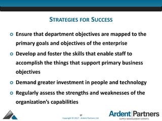 37
Copyright © 2017 - Ardent Partners Ltd.
STRATEGIES FOR SUCCESS
 Ensure that department objectives are mapped to the
primary goals and objectives of the enterprise
 Develop and foster the skills that enable staff to
accomplish the things that support primary business
objectives
 Demand greater investment in people and technology
 Regularly assess the strengths and weaknesses of the
organization’s capabilities
 