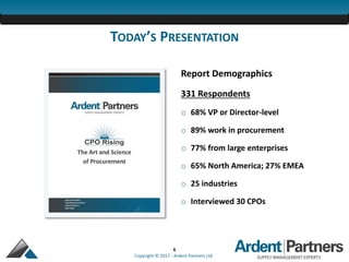 6
Copyright © 2017 - Ardent Partners Ltd.
TODAY’S PRESENTATION
Report Demographics
331 Respondents
o 68% VP or Director-level
o 89% work in procurement
o 77% from large enterprises
o 65% North America; 27% EMEA
o 25 industries
o Interviewed 30 CPOs
 