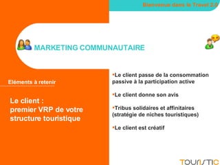 MARKETING COMMUNAUTAIRE Bienvenue dans le Travel 2.0 Eléments à retenir Le client passe de la consommation passive à la participation active Le client donne son avis Tribus solidaires et affinitaires (stratégie de niches touristiques) Le client est créatif Le client :  premier VRP de votre structure touristique 