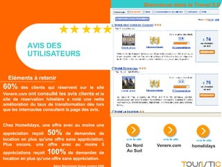 AVIS DES  UTILISATEURS Bienvenue dans le Travel 2.0 Eléments à retenir 60%  des clients qui réservent sur le site Venere.com  ont consulté les avis clients  et le site de réservation hôtelière a noté une nette amélioration du taux de transformation dès lors que les internautes consultent la page des avis.  Chez Homelidays, une offre avec au moins une appréciation reçoit  50%  de demandes de location en plus qu'une offre sans appréciation. Plus encore, une offre avec au moins 5 appréciations reçoit  100%  de demandes de location en plus qu'une offre sans appréciation.  Selon Benchmark Group octobre 2006 Du Nord Au Sud Venere.com homelidays 