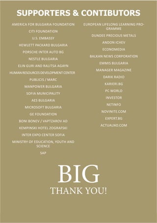 33JA BULGARIA ANNUAL REPORT
SUPPORTERS & CONTIBUTORS
America for Bulgaria Foundation
Citi Foundation
U.S. Embassy
Hewlett Packard Bulgaria
Porsche Inter Auto BG
Nestle Bulgaria
Elin Guri and Ralitsa Agayn
Human Resources Development Center
Publicis / MARC
Manpower Bulgaria
Sofia Municipality
AES Bulgaria
Microsoft Bulgaria
GE Foundation
Boni Bonev / Vaptzarov AD
Kempinski Hotel Zografski
Inter Expo Center Sofia
Ministry of Education, Youth and
Science
SAP
European Lifelong Learning Pro-
gramme
Dundee Precious Metals
Andon Ichev
Economedia
Balkan News Corporation
Emmis Bulgaria
Manager Magazine
Darik Radio
Karieri.bg
PC World
Investor
Netinfo
Novinite.com
Expert.bg
Actualno.com
BIGTHANK YOU!
 