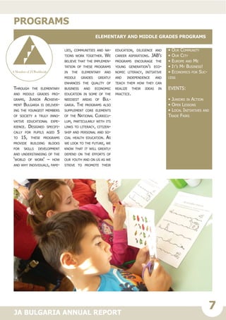 7JA BULGARIA ANNUAL REPORT
Through the elementary
and middle grades pro-
grams, Junior Achieve-
ment Bulgaria is deliver-
ing the youngest members
of society a truly inno-
vative educational expe-
rience. Designed specifi-
cally for pupils aged 5
to 15, these programs
provide building blocks
for skills development
and understanding of the
‘world of work‘ – how
and why individuals, fami-
lies, communities and na-
tions work together. We
believe that the implemen-
tation of these programs
in the elementary and
middle grades greatly
enhances the quality of
business and economic
education in some of the
neediest areas of Bul-
garia. The programs also
supplement core elements
of the National Curricu-
lum, particularly with its
links to literacy, citizen-
ship and personal and so-
cial health education. As
we look to the future, we
know that it will greatly
depend on the efforts of
our youth and on us as we
strive to promote their
education, diligence and
career aspirations. JAB’s
programs encourage the
young generation’s eco-
nomic literacy, initiative
and independence and
teach them how they can
realize their ideas in
practice.
Programs:
• Ourselves
• Our Family
• Our Community
• Our City
• Europe and Me
• It’s My Business!
• Economics for Suc-
cess
Events:
• Juniors in Action
• Open Lessons
• Local Initiatives and
Trade Fairs
PROGRAMS
Elementary and middle grades programs
 