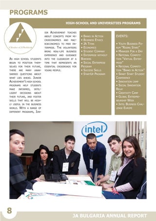 8
JA BULGARIA ANNUAL REPORT
As high school students
begin to position them-
selves for their future,
there are many unan-
swered questions about
what lies ahead. Junior
Achievement’s high school
programs help students
make informed, intel-
ligent decisions about
their future, and foster
skills that will be high-
ly useful in the business
world. With a range of
different programs, Jun-
ior Achievement teaches
about concepts from mi-
croeconomics and mac-
roeconomics to free en-
terprise. The volunteers
bring real-life business
experience and guidance
into the classroom at a
time that represents an
essential crossroads for
young people.
Programs:
• Banks in Action
• Business Ethics
• JA Titan
• Economics
• Student Company
• Enterprise without
Borders
• Social Enterprise
Program
• Success Skills
• StartUp Program
Events:
• Youth Business Fo-
rum “Rising Stars”
• Manager For a Day
• National Competi-
tion “Virtual Enter-
prise”
• National Competi-
tion “Banks in Action”
• Smart Start Student
Conference
• Innovation camp
• Social Innovation
Relay
• Creativity Camp
• Global Entrepre-
neurship Week
• Intel Business Chal-
lenge Europe
PROGRAMS
High-school and universities programs
 