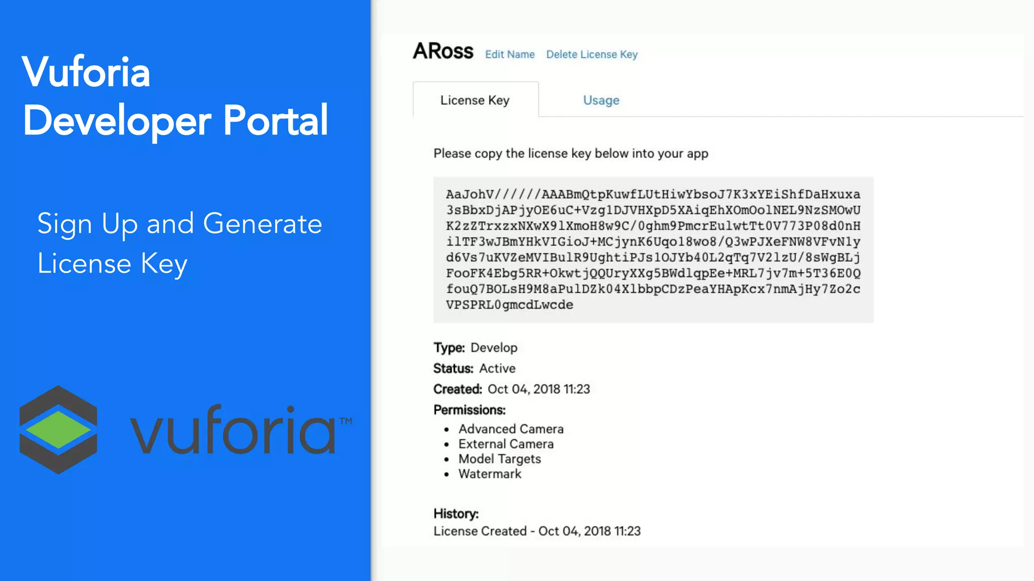 Vuforia
Developer Portal
Sign Up and Generate
License Key