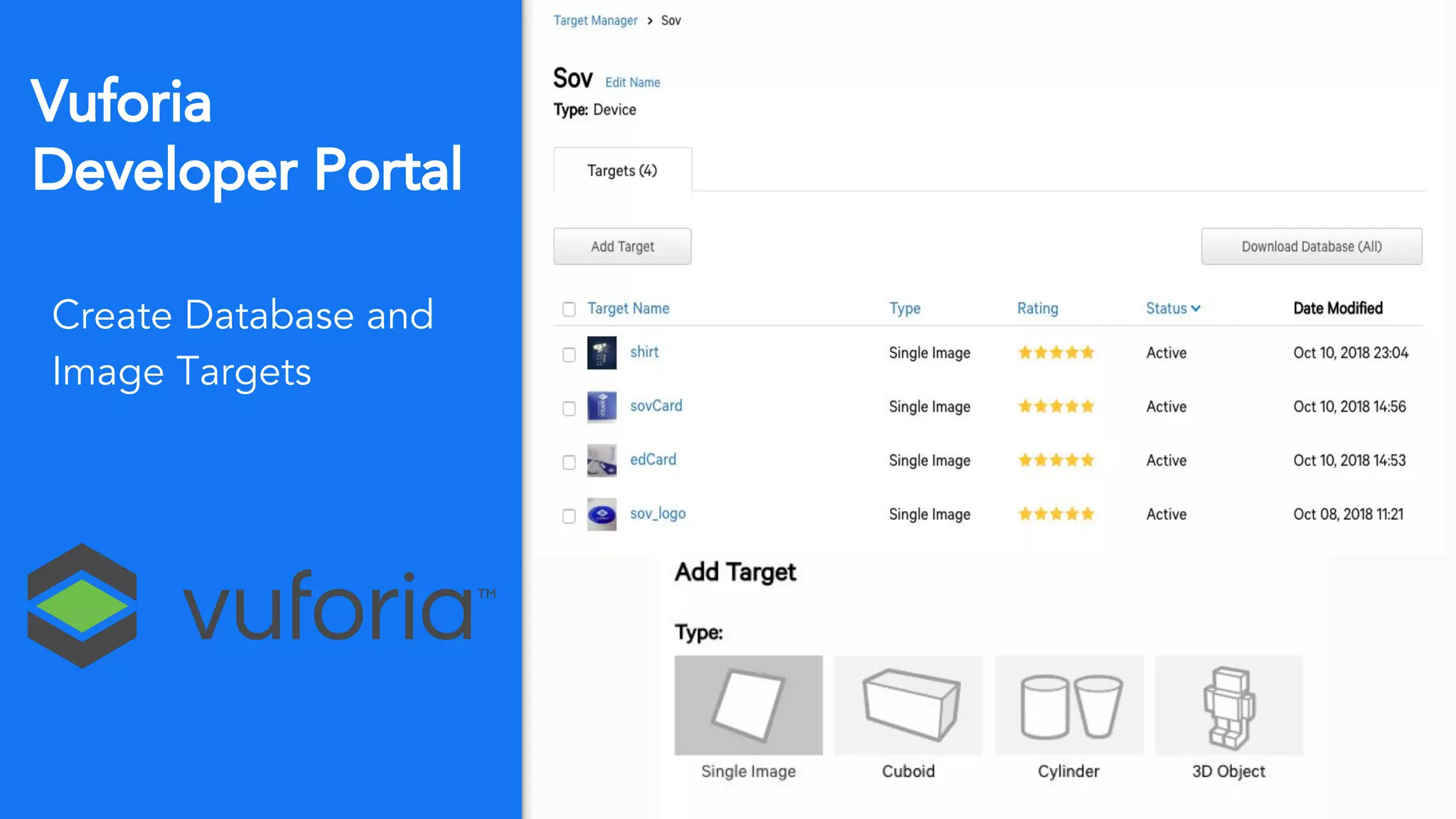Vuforia
Developer Portal
Create Database and
Image Targets