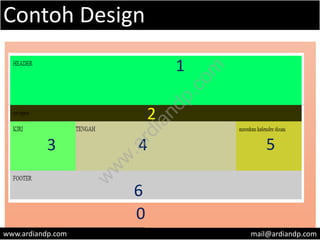 Contoh Design
1
2
3 4 5
6
0
www.ardiandp.com mail@ardiandp.com
w
w
w
.ardiandp.com
 
