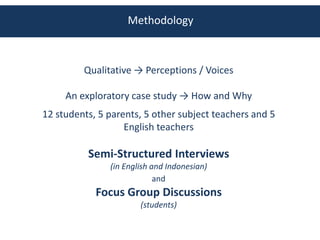 Methodology



         Qualitative → Perceptions / Voices

     An exploratory case study → How and Why
12 students, 5 parents, 5 other subject teachers and 5
                   English teachers

          Semi-Structured Interviews
               (in English and Indonesian)
                            and
            Focus Group Discussions
                       (students)
 