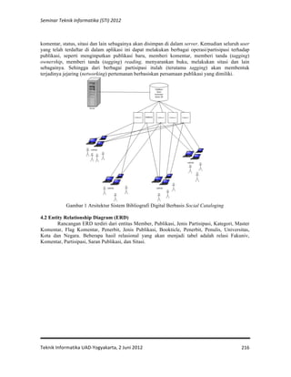 Seminar 
Teknik 
Informatika 
(STI) 
2012 
komentar, status, sitasi dan lain sebagainya akan disimpan di dalam server. Kemudian seluruh user 
yang telah terdaftar di dalam aplikasi ini dapat melakukan berbagai operasi/partisipasi terhadap 
publikasi, seperti menginputkan publikasi baru, memberi komentar, memberi tanda (tagging) 
ownership, memberi tanda (tagging) reading, menyarankan buku, melakukan sitasi dan lain 
sebagainya. Sehingga dari berbagai partisipasi itulah (terutama tagging) akan membentuk 
terjadinya jejaring (networking) pertemanan berbasiskan persamaan publikasi yang dimiliki. 
Teknik 
Informatika 
UAD-­‐Yogyakarta, 
2 
Juni 
2012 
216 
Gambar 1 Arsitektur Sistem Bibliografi Digital Berbasis Social Cataloging 
4.2 Entity Relationship Diagram (ERD) 
Rancangan ERD terdiri dari entitas Member, Publikasi, Jenis Partisipasi, Kategori, Master 
Komentar, Flag Komentar, Penerbit, Jenis Publikasi, Bookticle, Penerbit, Penulis, Universitas, 
Kota dan Negara. Beberapa hasil relasional yang akan menjadi tabel adalah relasi Fakuniv, 
Komentar, Partisipasi, Saran Publikasi, dan Sitasi. 
 