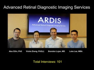 Advanced Retinal Diagnostic Imaging Services

Alex Etlin, PhD

Vickie Zhang, PhD(c)

Brandon Lujan, MD

Total Interviews: 101

Luke Lee, MBA

 