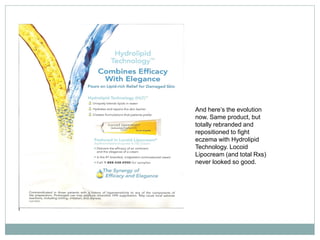 And here’s the evolution
now. Same product, but
totally rebranded and
repositioned to fight
eczema with Hydrolipid
Technology. Locoid
Lipocream (and total Rxs)
never looked so good.
 