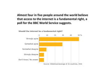 Almost four in five people around the world believe that access to the internet is a fundamental right, a poll for the BBC World Service suggests. 