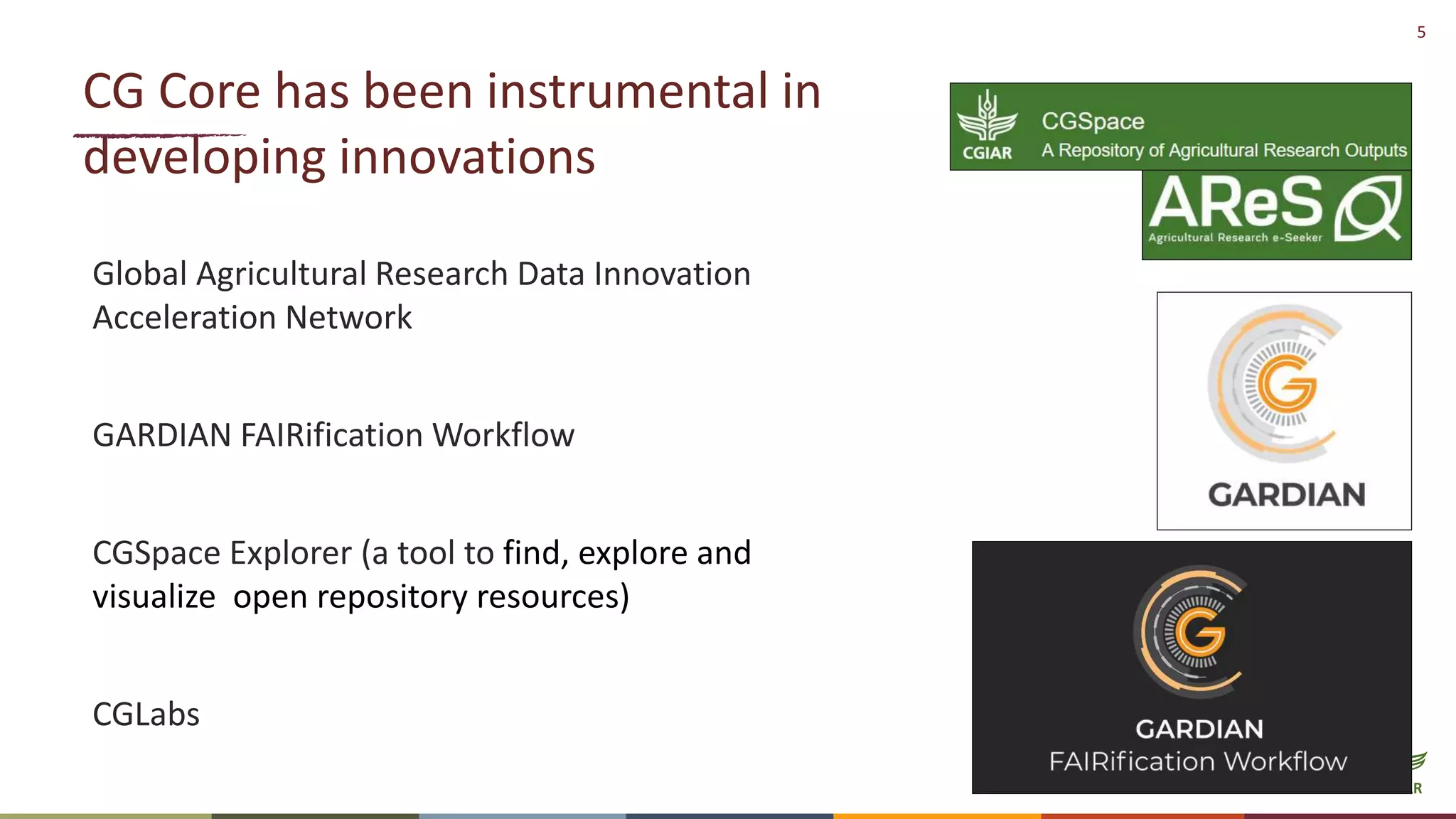 5
CG Core has been instrumental in
developing innovations
Global Agricultural Research Data Innovation
Acceleration Network
GARDIAN FAIRification Workflow
CGSpace Explorer (a tool to find, explore and
visualize open repository resources)
CGLabs
 
