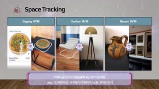 Space Tracking
Shopping VR/AR Furniture VR/AR Museum VR/AR
카메라공간인식기술을통해공간AR기능제공.
Uses:3D테마파크/가구배치/인테리어/쇼핑/온라인전시
 