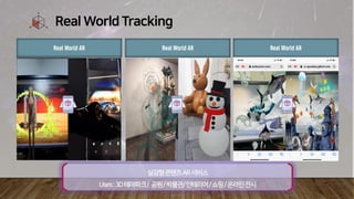 Real World Tracking
Real World AR Real World AR Real World AR
실감형콘텐츠AR서비스
Uses:3D테마파크/ 공원/박물관/인테리어/쇼핑/온라인전시
 