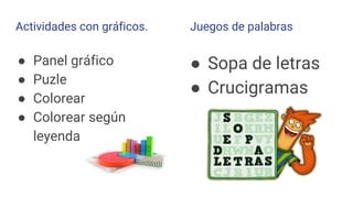 Actividades con gráficos.
● Panel gráfico
● Puzle
● Colorear
● Colorear según
leyenda
● Sopa de letras
● Crucigramas
Juegos de palabras
 