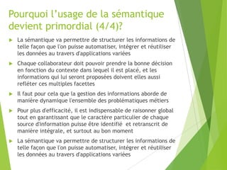 Pourquoi l’usage de la sémantique
devient primordial (4/4)?


La sémantique va permettre de structurer les informations de
telle façon que l'on puisse automatiser, intégrer et réutiliser
les données au travers d'applications variées



Chaque collaborateur doit pouvoir prendre la bonne décision
en fonction du contexte dans lequel il est placé, et les
informations qui lui seront proposées doivent elles aussi
refléter ces multiples facettes



Il faut pour cela que la gestion des informations aborde de
manière dynamique l'ensemble des problématiques métiers



Pour plus d'efficacité, il est indispensable de raisonner global
tout en garantissant que le caractère particulier de chaque
source d'information puisse être identifié et retranscrit de
manière intégrale, et surtout au bon moment



La sémantique va permettre de structurer les informations de
telle façon que l'on puisse automatiser, intégrer et réutiliser
les données au travers d'applications variées

 