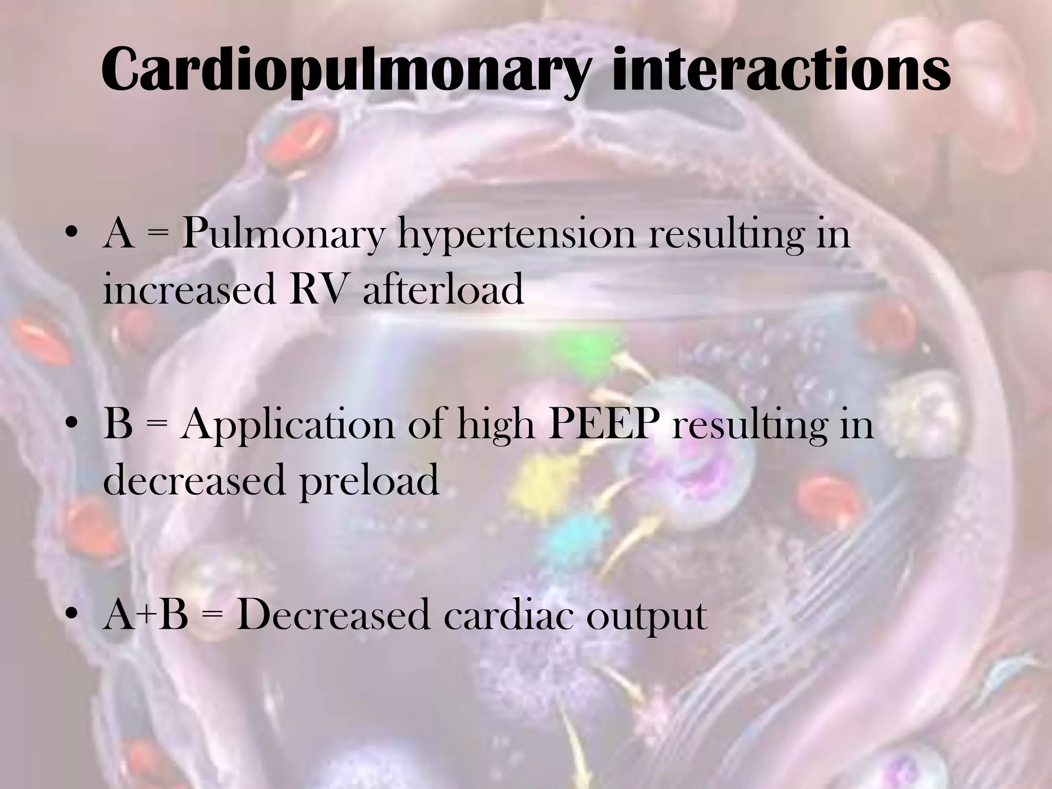 Cardiopulmonary interactions
• A = Pulmonary hypertension resulting in
increased RV afterload
• B = Application of high PEEP resulting in
decreased preload
• A+B = Decreased cardiac output
 