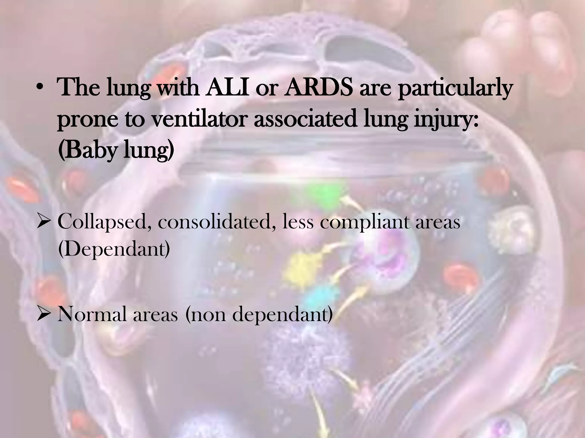 • The lung with ALI or ARDS are particularly
prone to ventilator associated lung injury:
(Baby lung)
 Collapsed, consolidated, less compliant areas
(Dependant)
 Normal areas (non dependant)
 
