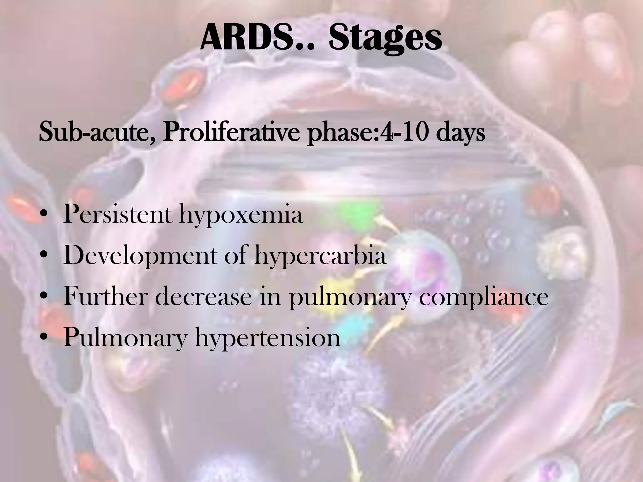 ARDS.. Stages
Sub-acute, Proliferative phase:4-10 days
• Persistent hypoxemia
• Development of hypercarbia
• Further decrease in pulmonary compliance
• Pulmonary hypertension
 