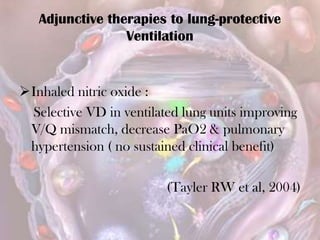 Inhaled nitric oxide :
Selective VD in ventilated lung units improving
V/Q mismatch, decrease PaO2 & pulmonary
hypertension ( no sustained clinical benefit)
(Tayler RW et al, 2004)
Adjunctive therapies to lung-protective
Ventilation
 