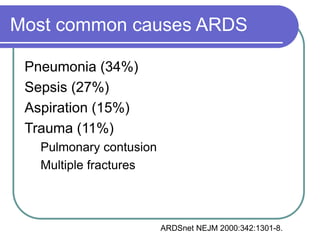 Most common causes ARDS
Pneumonia (34%)
Sepsis (27%)
Aspiration (15%)
Trauma (11%)
Pulmonary contusion
Multiple fractures
ARDSnet NEJM 2000:342:1301-8.
 