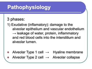 Pathophysiology
3 phases:
1) Exudative (inflamatory): damage to the
alveolar epithelium and vascular endothelium
→ leakage of water, protein, inflammatory
and red blood cells into the interstitium and
alveolar lumen.
 Alveolar Type 1 cell → Hyaline membrane
 Alveolar Type 2 cell → Alveolar collapse
 