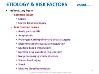 ETIOLOGY & RISK FACTORS                                                                         contd…….
• Indirect Lung Injury
   – Common causes
       • Sepsis
       • Severe traumatic injury
   – Less common causes
       • Acute pancreatitis
       • Anaphylaxis
       • Prolonged Cardiopulmonary bypass surgery
       • Disseminated intravascular coagulation
       • Multiple blood transfusions
       • Narcotic drug overdose (e.g., heroin)
       • Nonpulmonary systemic diseases
       • Severe head injury
       • Shock
       • Massive blood transfusion.
                                                                                                       10
                 Mr sanjay. M. Peerapur, Principal, KLES Institute of Nursing Sciences, Hubli
 