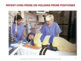 PATIENT LYING PRONE ON VOLLMAN PRONE POSITIONER




                                                                                        18
         Mr sanjay. M. Peerapur, Principal, KLES Institute of Nursing Sciences, Hubli
 