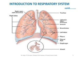INTRODUCTION TO RESPIRATORY SYSTEM
                                                                                     contd…………




      Mr sanjay. M. Peerapur, Principal, KLES Institute of Nursing Sciences, Hubli         3
 