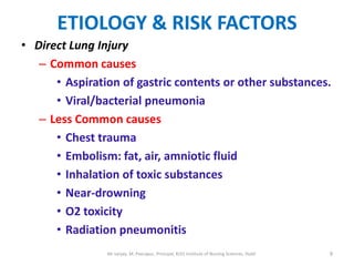 ETIOLOGY & RISK FACTORS
• Direct Lung Injury
   – Common causes
      • Aspiration of gastric contents or other substances.
      • Viral/bacterial pneumonia
   – Less Common causes
      • Chest trauma
      • Embolism: fat, air, amniotic fluid
      • Inhalation of toxic substances
      • Near-drowning
      • O2 toxicity
      • Radiation pneumonitis
                Mr sanjay. M. Peerapur, Principal, KLES Institute of Nursing Sciences, Hubli   9
 