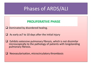 Phases of ARDS/ALI
 Dominated by disordered healing.
 As early as7 to 10 days after the initial injury
 Exhibits extensive pulmonary fibrosis, which is not dissimilar
microscopically to the pathology of patients with longstanding
pulmonary fibrosis.
 Neovasularisation, microcirculatory thrombosis
PROLIFERATIVE PHASE
 