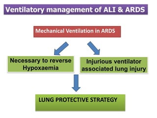 Mechanical Ventilation in ARDS
Injurious ventilator
associated lung injury
Necessary to reverse
Hypoxaemia
Ventilatory management of ALI & ARDS
LUNG PROTECTIVE STRATEGY
 
