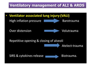 • Ventilator associated lung injury:(VALI)
 High inflation pressure Barotrauma
 Over distension Volutrauma
 Repetitive opening & closing of alveoli
 Atelect-trauma
 SIRS & cytokines release Biotrauma.
Ventilatory management of ALI & ARDS
 