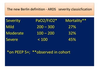The new Berlin definition - ARDS severity classicfication
Severity PaO2/FiO2* Mortality**
Mild 200 – 300 27%
Moderate 100 – 200 32%
Severe < 100 45%
*on PEEP 5+; **observed in cohort
 