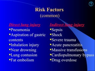 Risk Factors (common) Direct lung injury Pneumonia Aspiration of gastric contents Inhalation injury  Near drowning  Lung contusion  Fat embolism Indirect lung injury Sepsis  Shock Severe trauma Acute pancreatitis  Massive transfusions Cardiopulmonary bypass Drug overdose   