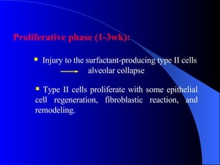 Proliferative phase (1-3wk): Type II cells proliferate with some epithelial cell regeneration, fibroblastic reaction, and remodeling.  Injury to the surfactant-producing type II cells  alveolar collapse  