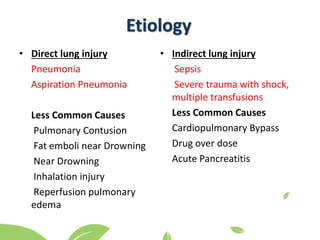 • Direct lung injury
Pneumonia
Aspiration Pneumonia
Less Common Causes
Pulmonary Contusion
Fat emboli near Drowning
Near Drowning
Inhalation injury
Reperfusion pulmonary
edema
• Indirect lung injury
Sepsis
Severe trauma with shock,
multiple transfusions
Less Common Causes
Cardiopulmonary Bypass
Drug over dose
Acute Pancreatitis
Etiology
 