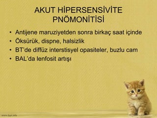 AKUT HİPERSENSİVİTE
PNÖMONİTİSİ
• Antijene maruziyetden sonra birkaç saat içinde
• Öksürük, dispne, halsizlik
• BT’de diffüz interstisyel opasiteler, buzlu cam
• BAL’da lenfosit artışı
 