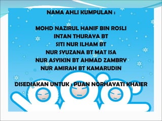NAMA AHLI KUMPULAN : MOHD NAZIRUL HANIF BIN ROSLI INTAN THURAYA BT SITI NUR ILHAM BT NUR SYUZANA BT MAT ISA NUR ASYIKIN BT AHMAD ZAMBRY NUR AMIRAH BT KAMARUDIN DISEDIAKAN UNTUK : PUAN NORHAYATI KHAIER 