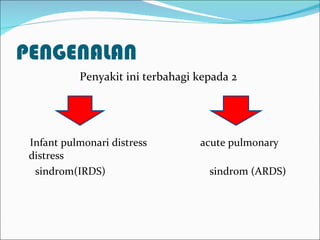 PENGENALAN Penyakit ini terbahagi kepada 2 Infant pulmonari distress  acute pulmonary distress  sindrom(IRDS)  sindrom (ARDS) 