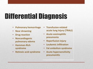 Differential Diagnosis
  • Pulmonary hemorrhage     • Transfusion-related
  • Near drowning              acute lung injury (TRALI)
  • Drug reaction            • Acute eosinophilic
  • Noncardiogenic             pneumonia
    pulmonary edema          • Reperfusion injury
  • Hamman-Rich              • Leukemic infiltration
    syndrome                 • Fat embolism syndrome
  • Retinoic acid syndrome   • Acute hypersensitivity
                               pneumonitis
 